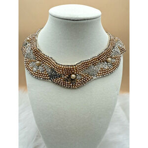 Vintage Handmade Faux Pearl Beaded Bib/Collar Necklace From Japan